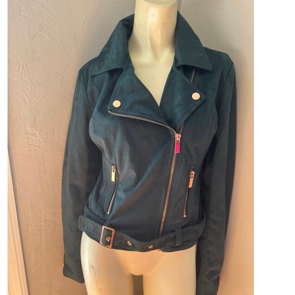 Wildflower Emerald Green Faux Suede Moto Jacket,  Gold Hardware xs